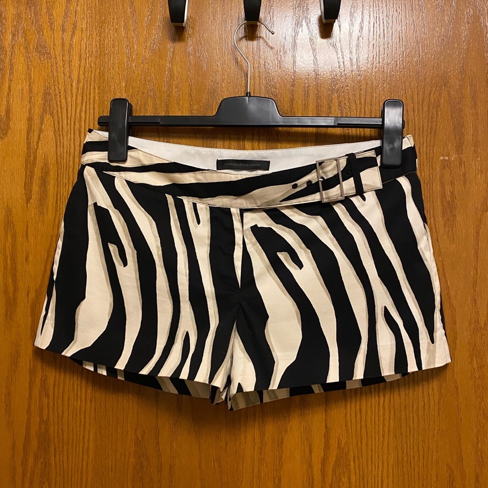 Express Zebra Print Black and Cream Shorts with Belt